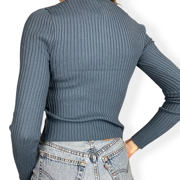 new Quarter Zip Blue Stretchy Mock Neck Sweater - Picture 3 of 4